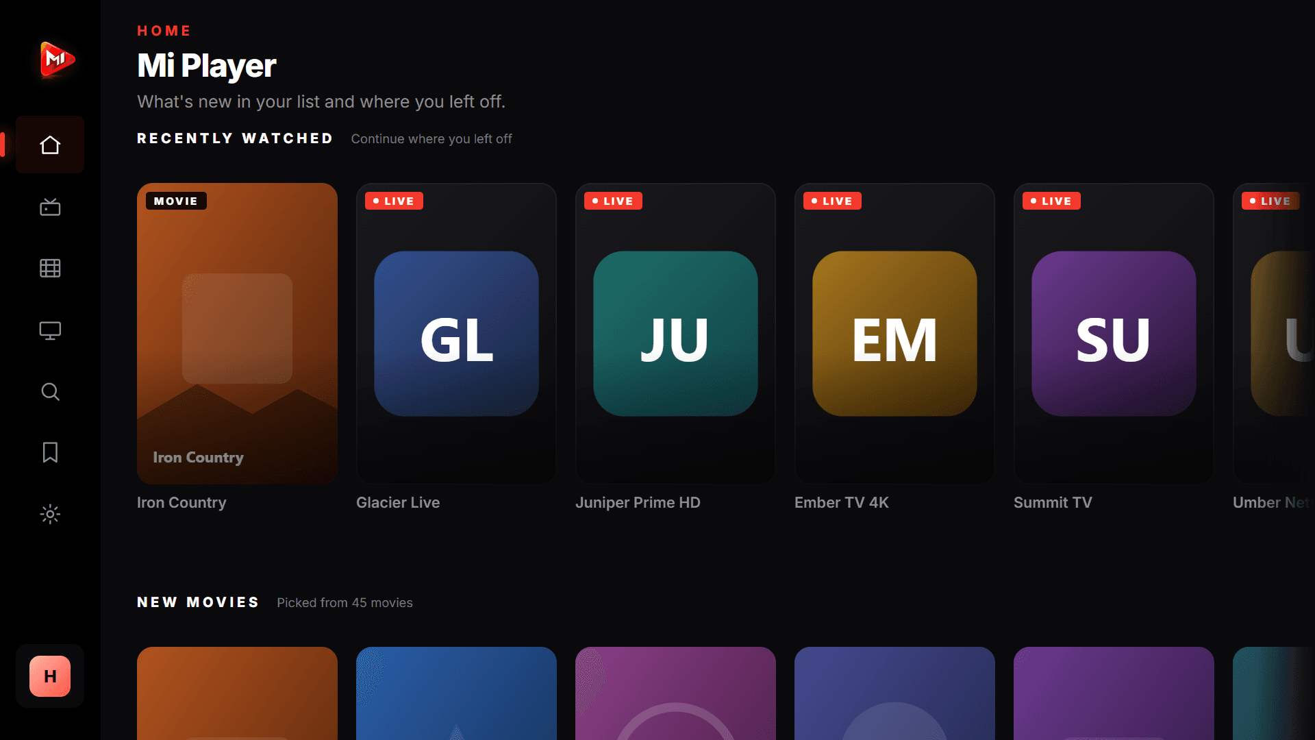 Mi Player TV uygulaması ana ekranı