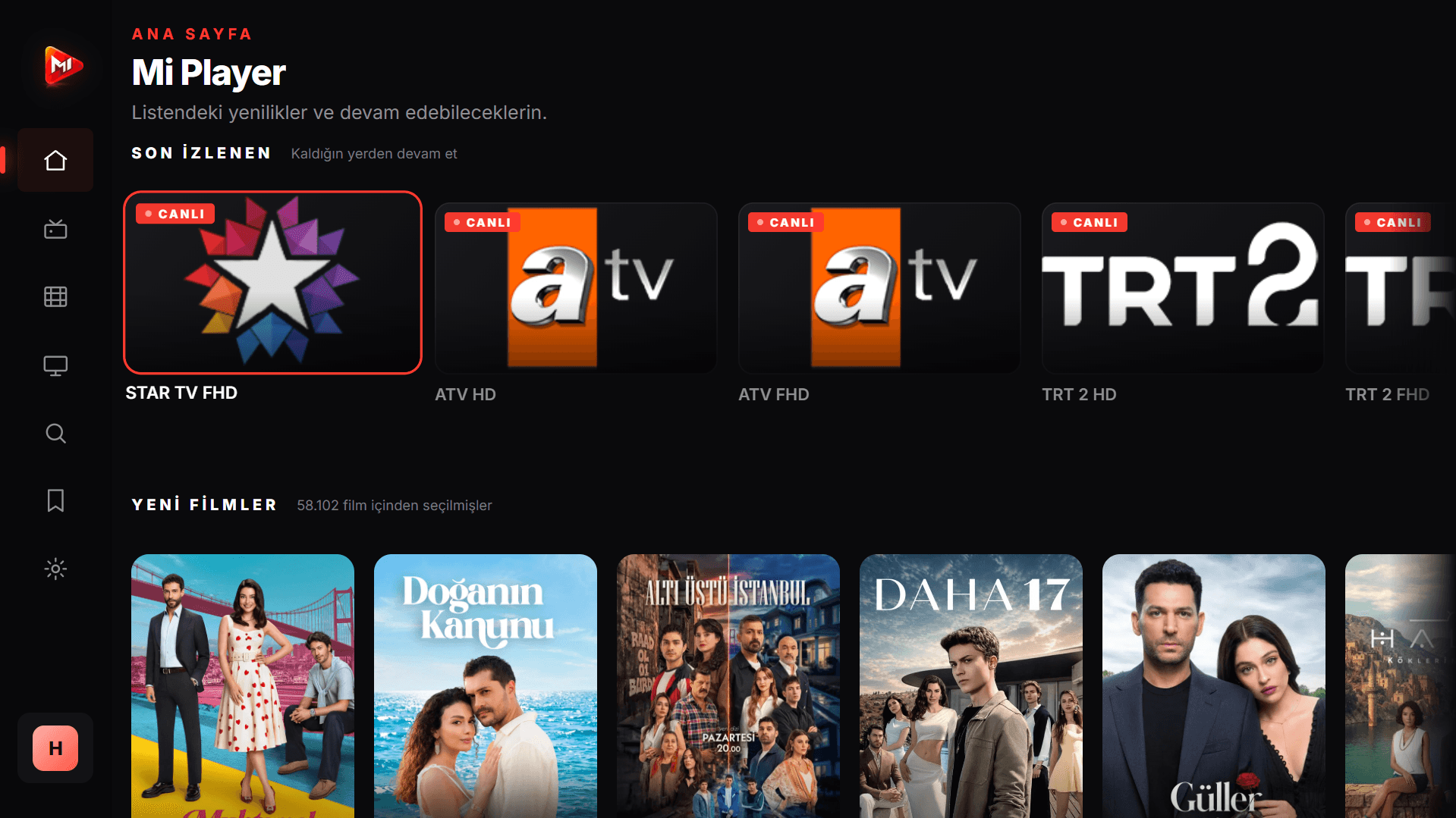 Mi Player TV uygulaması ana ekranı